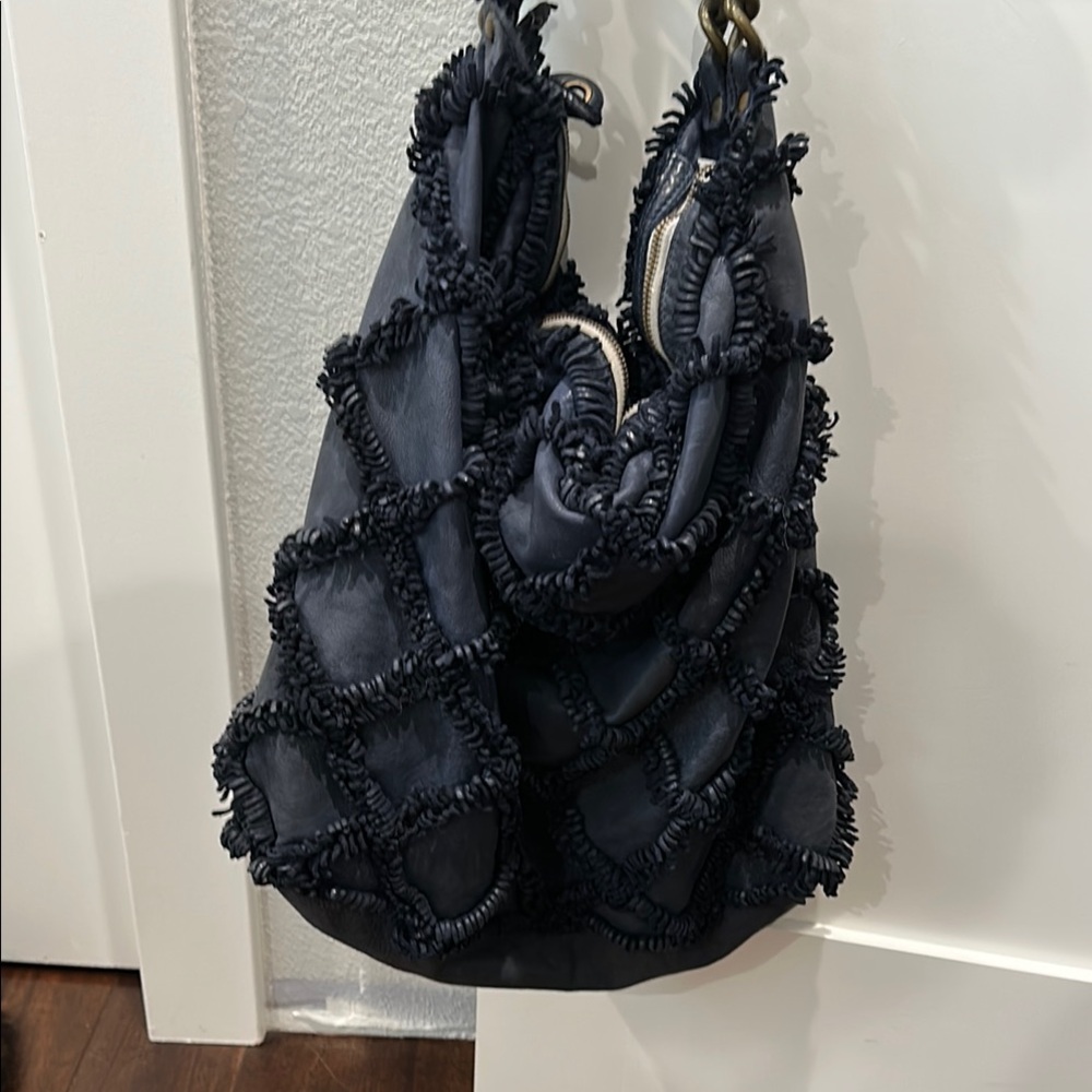 Designer ERRELLEVENTDUE LEATHER Navy Shoulder Bag with Fringed Design